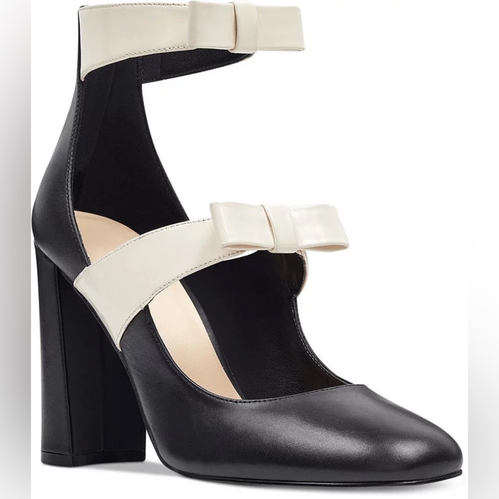 Nine West Black and Cream Bow Strap Heels